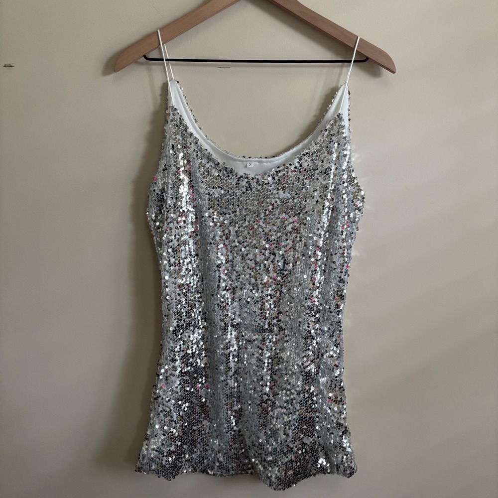 Silver Sequin Camisole Spaghetti Strap Shimmer Party Mini Dress Small